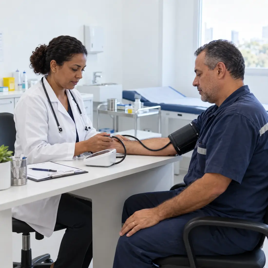 Médica aferindo a pressão de um colaborador