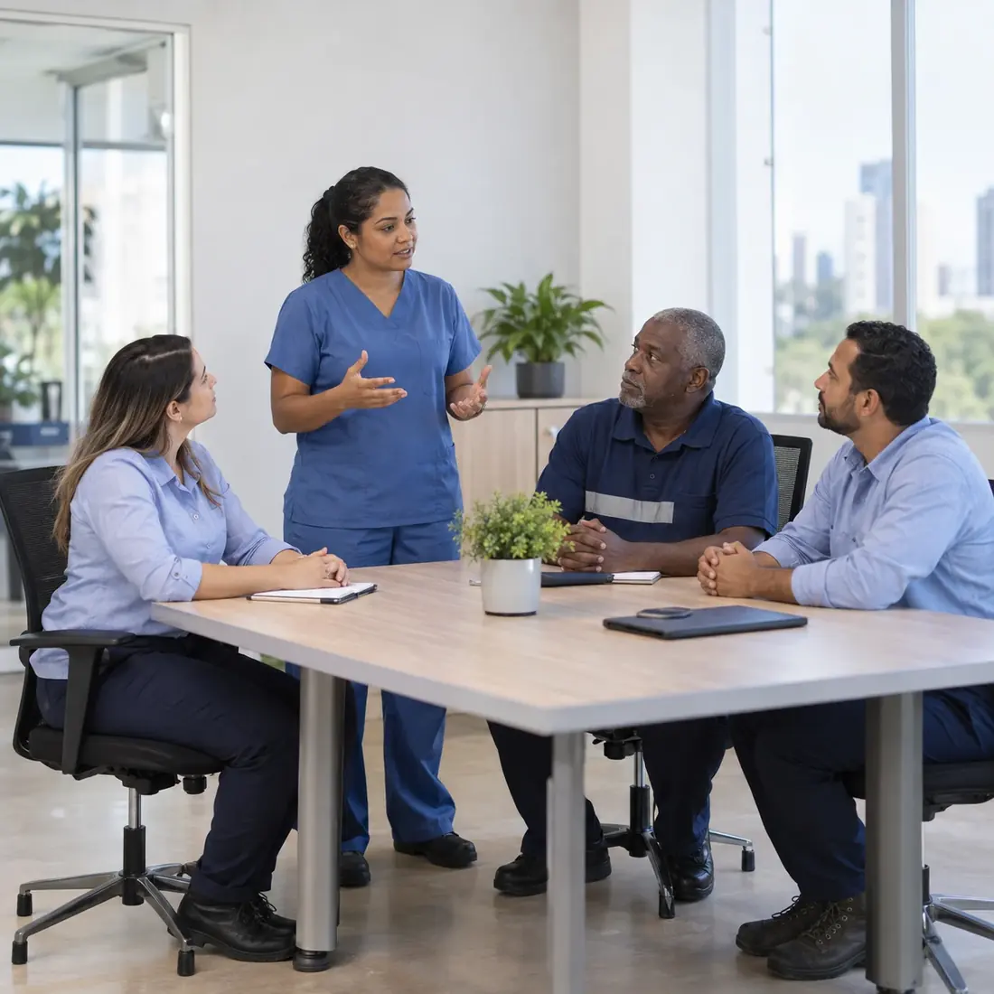 Profissional de saúde conversando com equipe em sala de reunião da empresa